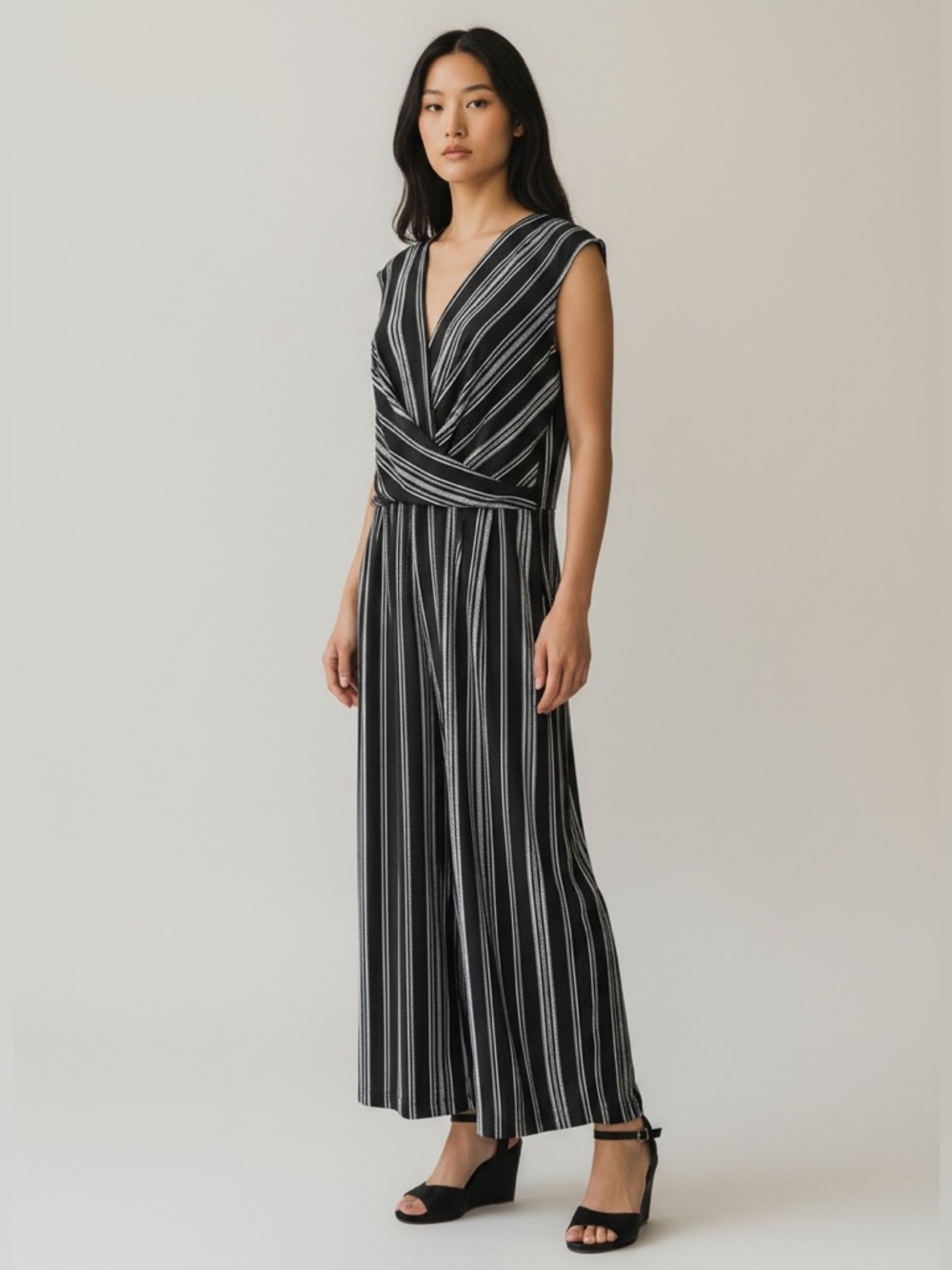 Emma & Michele Cropped Black and White Stripe Jumpsuit